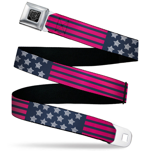 buckle down BD Wings Logo CLOSE-UP Black/Silver Seatbelt Belt - Stars & Stripes2 Blue/White/Pink Webbing
