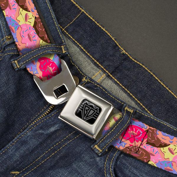 Buckle Down BD Wings Logo CLOSE-UP Black/Silver Seatbelt Belt - Sprinkle Donuts Stacked Multi Color Webbing