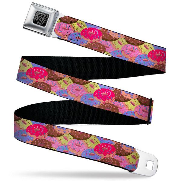 buckle down BD Wings Logo CLOSE-UP Black/Silver Seatbelt Belt - Sprinkle Donuts Stacked Multi Color Webbing