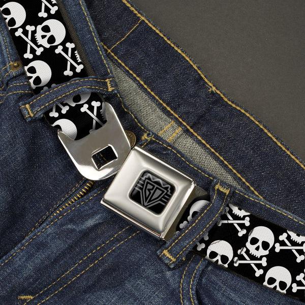 Buckle Down BD Wings Logo CLOSE-UP Black/Silver Seatbelt Belt - Skull & Cross Bones Staggered Black/White Webbing