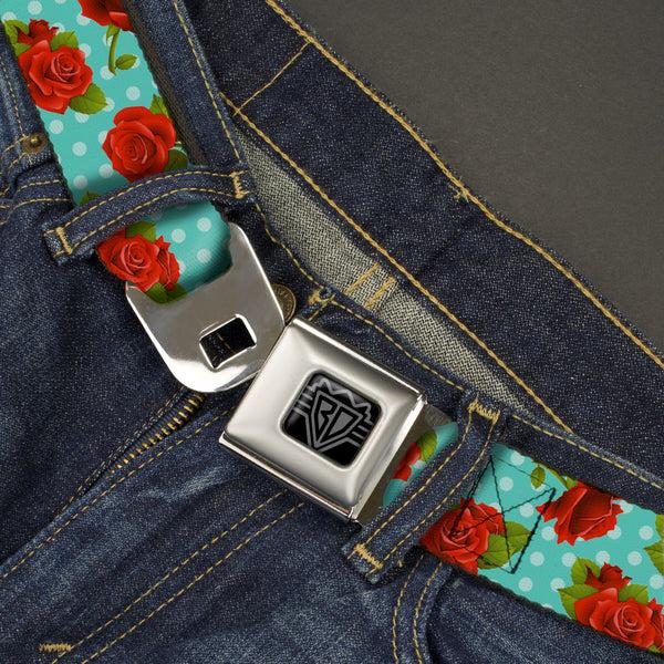 Buckle Down BD Wings Logo CLOSE-UP Black/Silver Seatbelt Belt - Roses & Leaves Scattered/Polka Dot Black/White Webbing