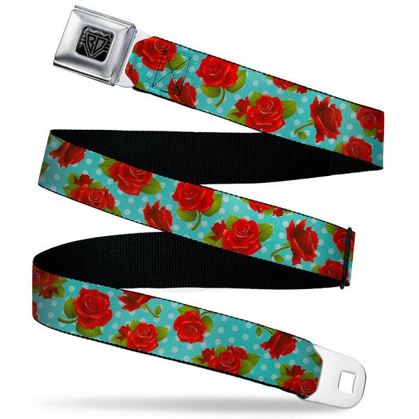 buckle down BD Wings Logo CLOSE-UP Black/Silver Seatbelt Belt - Roses & Leaves Scattered/Polka Dot Black/White Webbing