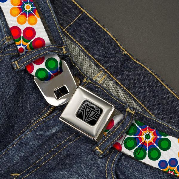 Buckle Down BD Wings Logo CLOSE-UP Black/Silver Seatbelt Belt - Psychedelic Daisies CLOSE-UP White/Multi Color Webbing