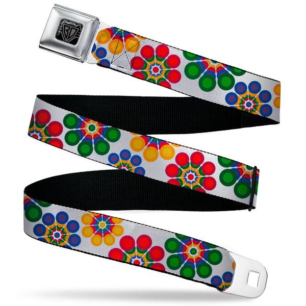 buckle down BD Wings Logo CLOSE-UP Black/Silver Seatbelt Belt - Psychedelic Daisies CLOSE-UP White/Multi Color Webbing