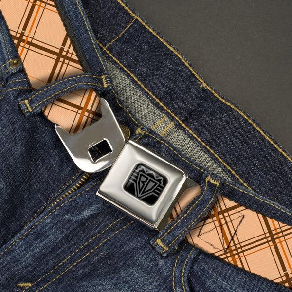 Buckle Down BD Wings Logo CLOSE-UP Black/Silver Seatbelt Belt - Plaid X Tan/Browns Webbing