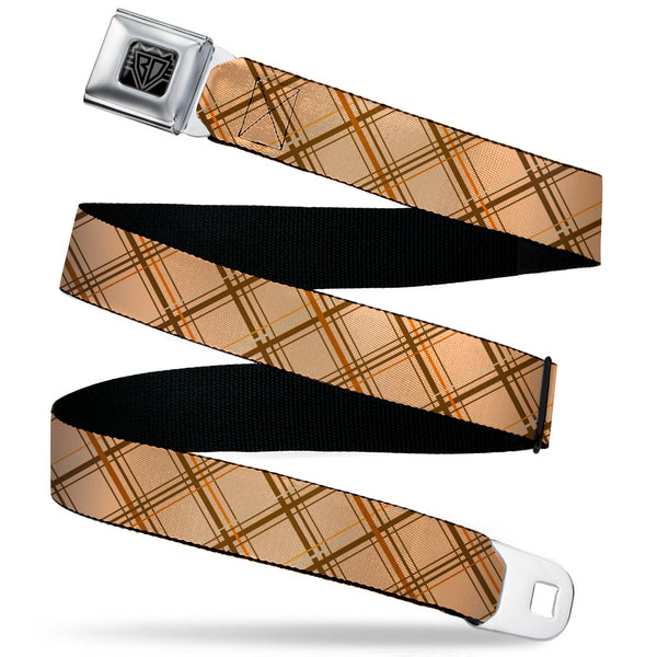 buckle down BD Wings Logo CLOSE-UP Black/Silver Seatbelt Belt - Plaid X Tan/Browns Webbing