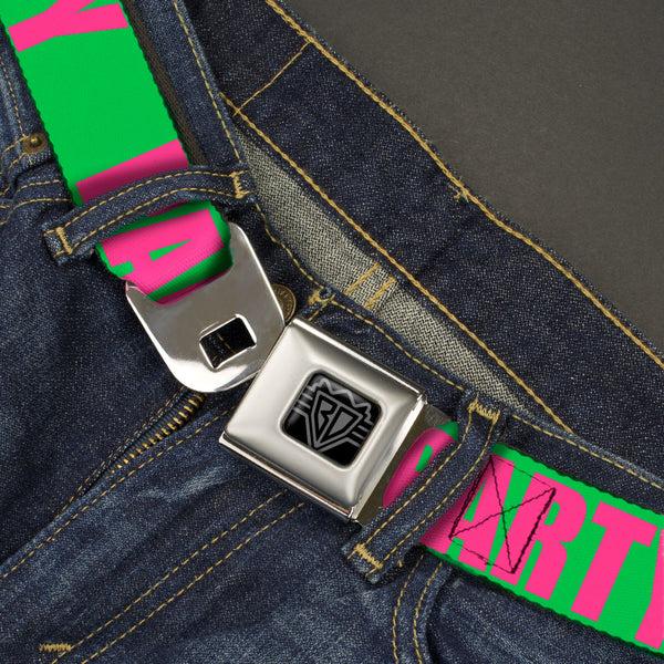 Buckle Down BD Wings Logo CLOSE-UP Black/Silver Seatbelt Belt - PARTY Green/Pink Webbing