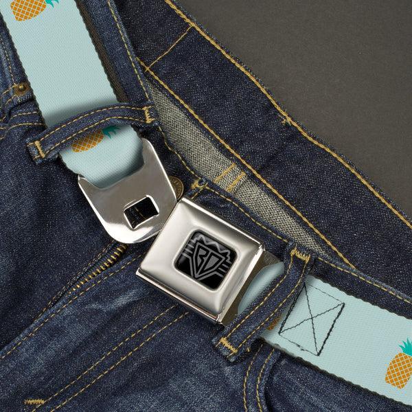 Buckle Down BD Wings Logo CLOSE-UP Black/Silver Seatbelt Belt - Pineapple Repeat Aqua Blue Webbing
