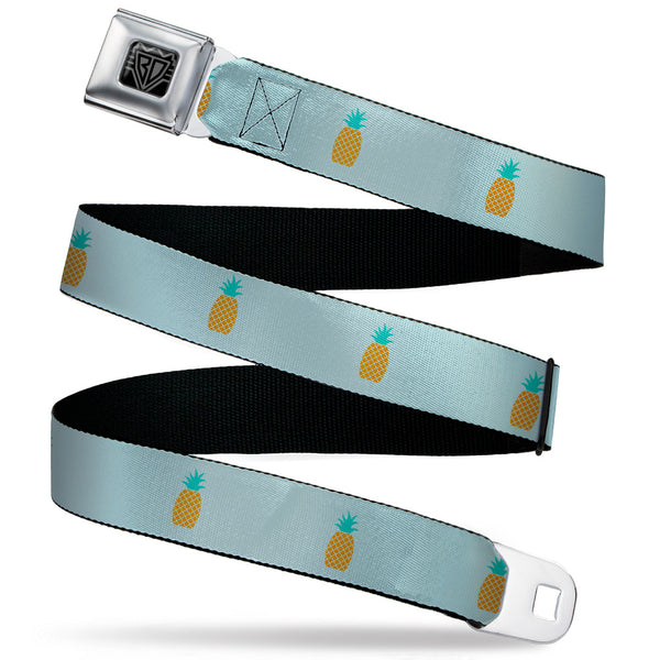 buckle down BD Wings Logo CLOSE-UP Black/Silver Seatbelt Belt - Pineapple Repeat Aqua Blue Webbing