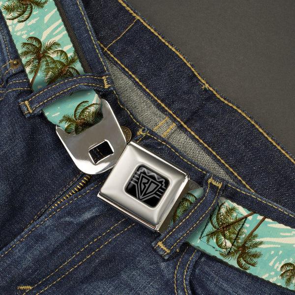 Buckle Down BD Wings Logo CLOSE-UP Black/Silver Seatbelt Belt - Palm Trees Swaying Tan/Teal Webbing
