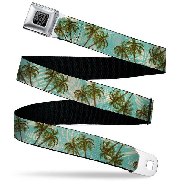 buckle down BD Wings Logo CLOSE-UP Black/Silver Seatbelt Belt - Palm Trees Swaying Tan/Teal Webbing