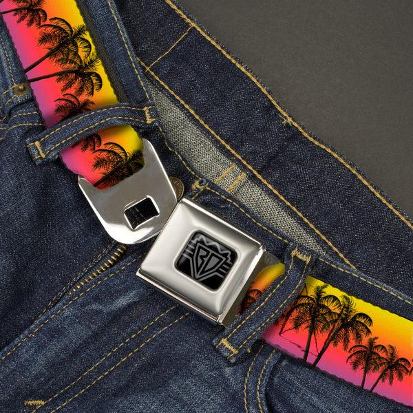 Buckle Down BD Wings Logo CLOSE-UP Black/Silver Seatbelt Belt - Palm Trees Sunset Fade/Black Webbing