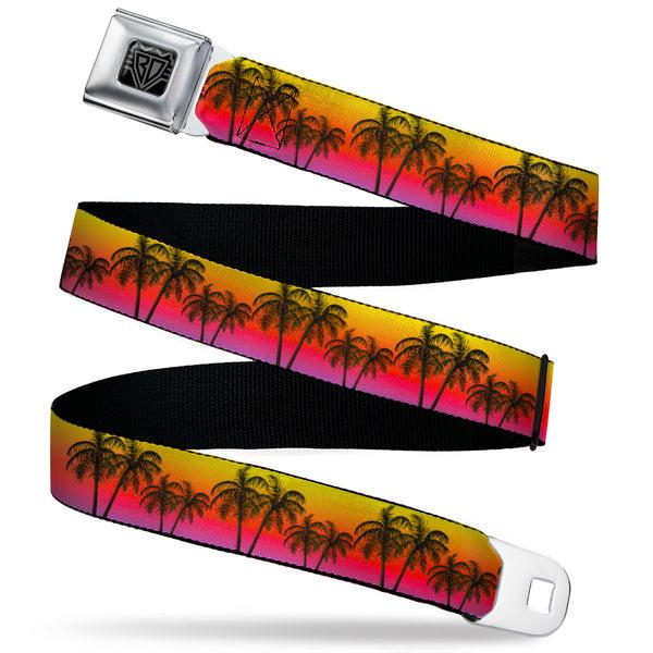 buckle down BD Wings Logo CLOSE-UP Black/Silver Seatbelt Belt - Palm Trees Sunset Fade/Black Webbing