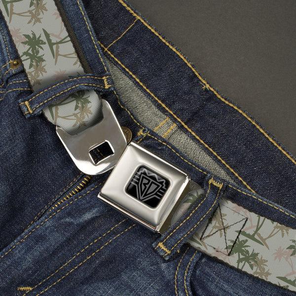 Buckle Down BD Wings Logo CLOSE-UP Black/Silver Seatbelt Belt - Palm Trees Silhouette Scattered Tan/Browns Webbing