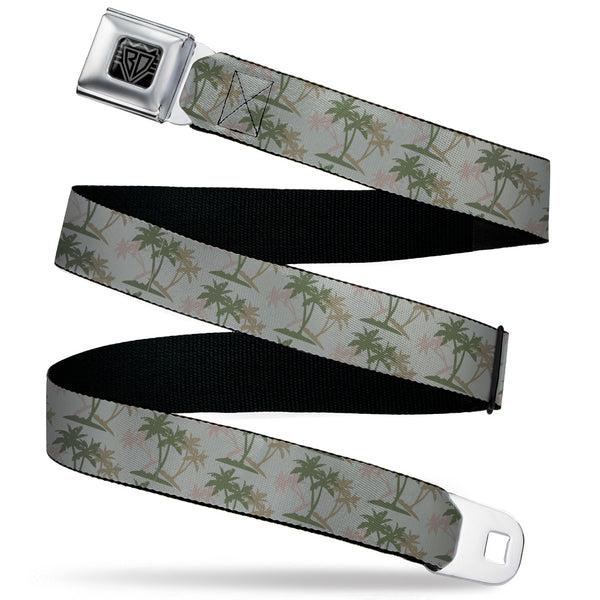 buckle down BD Wings Logo CLOSE-UP Black/Silver Seatbelt Belt - Palm Trees Silhouette Scattered Tan/Browns Webbing