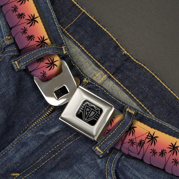 Buckle Down BD Wings Logo CLOSE-UP Black/Silver Seatbelt Belt - Palm Treeline Silhouette Sunset Fade/Black Webbing