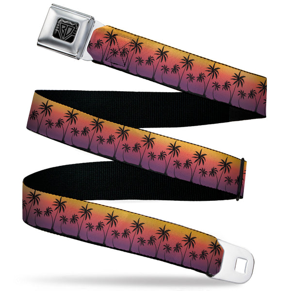 buckle down BD Wings Logo CLOSE-UP Black/Silver Seatbelt Belt - Palm Treeline Silhouette Sunset Fade/Black Webbing