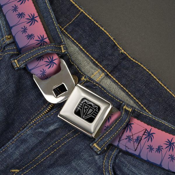 Buckle Down BD Wings Logo CLOSE-UP Black/Silver Seatbelt Belt - Palm Treeline Silhouette Pink Fade/Purple Webbing