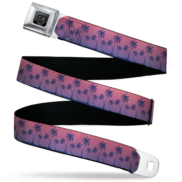 buckle down BD Wings Logo CLOSE-UP Black/Silver Seatbelt Belt - Palm Treeline Silhouette Pink Fade/Purple Webbing