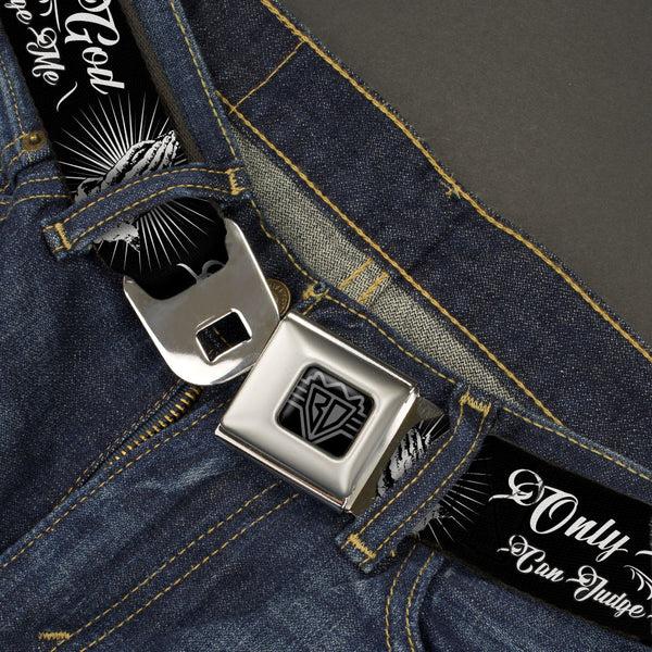 Buckle Down BD Wings Logo CLOSE-UP Black/Silver Seatbelt Belt - ONLY GOD CAN JUDGE ME Script/Praying Hands2 Black/White Webbing