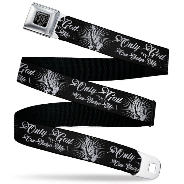 buckle down BD Wings Logo CLOSE-UP Black/Silver Seatbelt Belt - ONLY GOD CAN JUDGE ME Script/Praying Hands2 Black/White Webbing