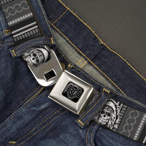 Buckle Down BD Wings Logo CLOSE-UP Black/Silver Seatbelt Belt - Native American Skull W/CLOSE-UP Black/Grays/White Webbing