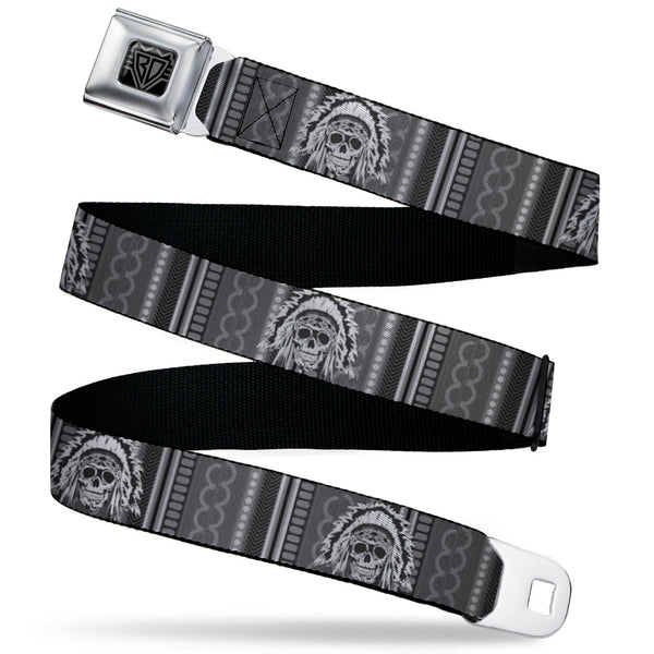 buckle down BD Wings Logo CLOSE-UP Black/Silver Seatbelt Belt - Native American Skull w/CLOSE-UP Black/Grays/White Webbing