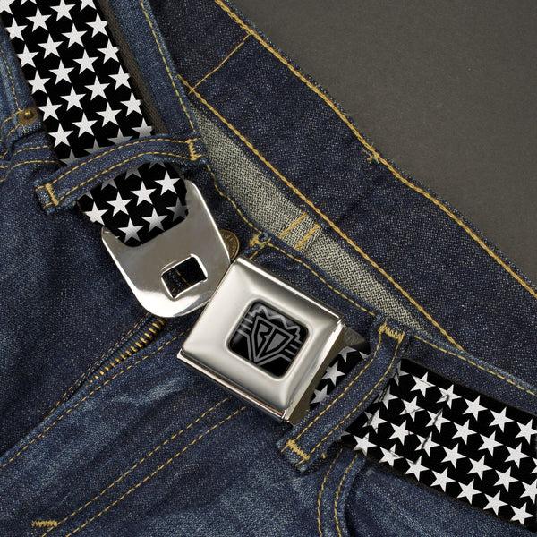 Buckle Down BD Wings Logo CLOSE-UP Black/Silver Seatbelt Belt - Mini Stars Outline Black/White Webbing