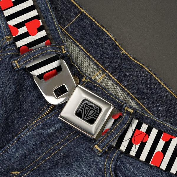 Buckle Down BD Wings Logo CLOSE-UP Black/Silver Seatbelt Belt - Hearts Scattered/Stripe White/Black/Red Webbing