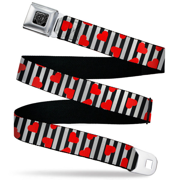buckle down BD Wings Logo CLOSE-UP Black/Silver Seatbelt Belt - Hearts Scattered/Stripe White/Black/Red Webbing