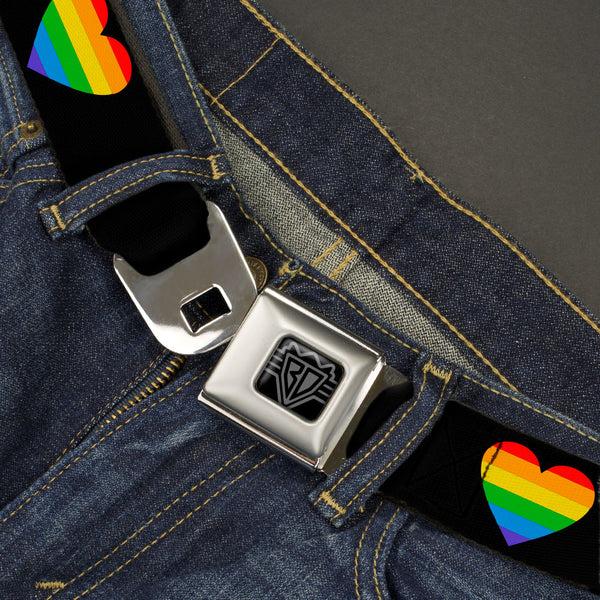Buckle Down BD Wings Logo CLOSE-UP Black/Silver Seatbelt Belt - Heart Striping Black/Rainbow Webbing