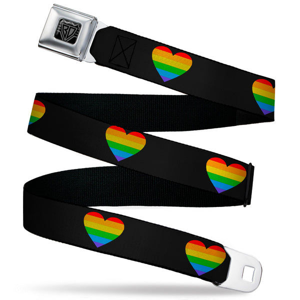 buckle down BD Wings Logo CLOSE-UP Black/Silver Seatbelt Belt - Heart Striping Black/Rainbow Webbing