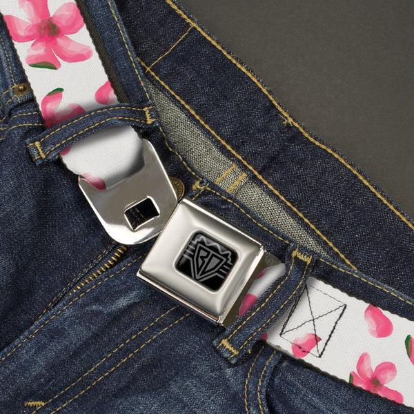 Buckle Down BD Wings Logo CLOSE-UP Black/Silver Seatbelt Belt - Flowers/Petals Scattered White/Pinks Webbing