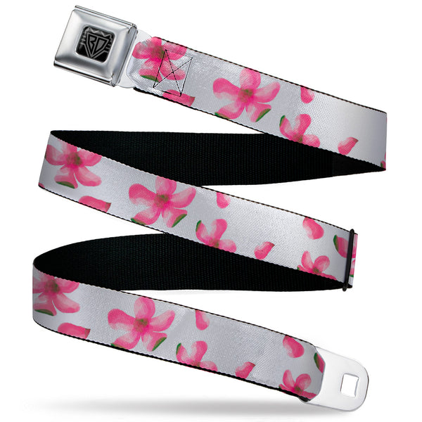 buckle down BD Wings Logo CLOSE-UP Black/Silver Seatbelt Belt - Flowers/Petals Scattered White/Pinks Webbing