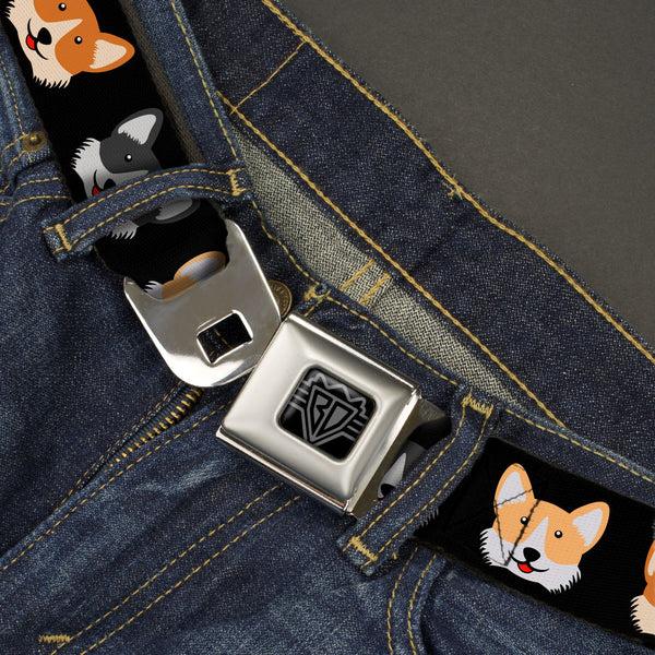 Buckle Down BD Wings Logo CLOSE-UP Black/Silver Seatbelt Belt - Corgi 3-Faces Black Webbing