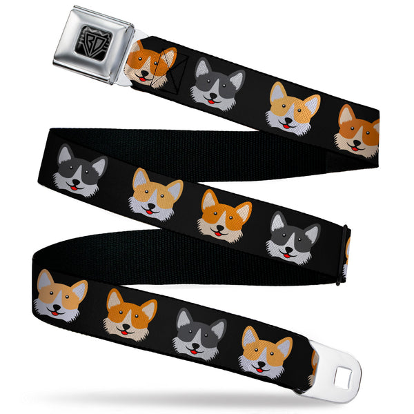 buckle down BD Wings Logo CLOSE-UP Black/Silver Seatbelt Belt - Corgi 3-Faces Black Webbing