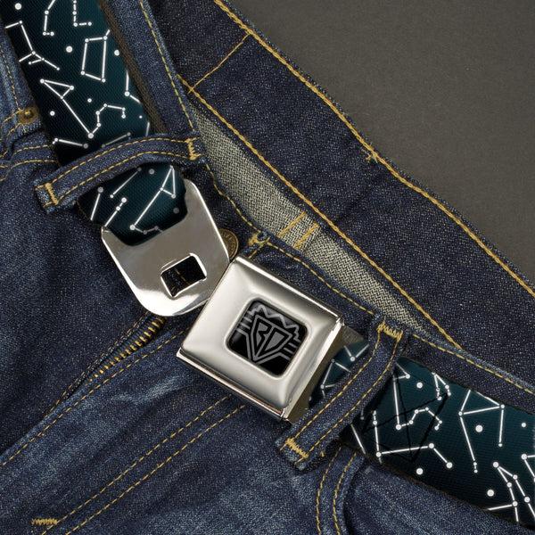 Buckle Down BD Wings Logo CLOSE-UP Black/Silver Seatbelt Belt - Constellations Scattered Midnight Blue/White Webbing