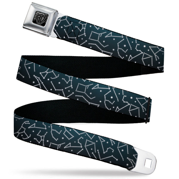 buckle down BD Wings Logo CLOSE-UP Black/Silver Seatbelt Belt - Constellations Scattered Midnight Blue/White Webbing