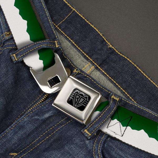Buckle Down BD Wings Logo CLOSE-UP Black/Silver Seatbelt Belt - Colorado Solid Mountains Green/White Webbing