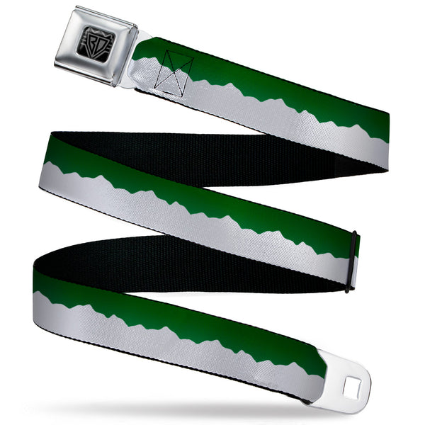buckle down BD Wings Logo CLOSE-UP Black/Silver Seatbelt Belt - Colorado Solid Mountains Green/White Webbing