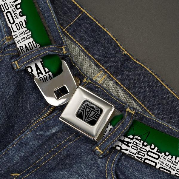 Buckle Down BD Wings Logo CLOSE-UP Black/Silver Seatbelt Belt - Colorado Mountains Green/White/Black Text Webbing