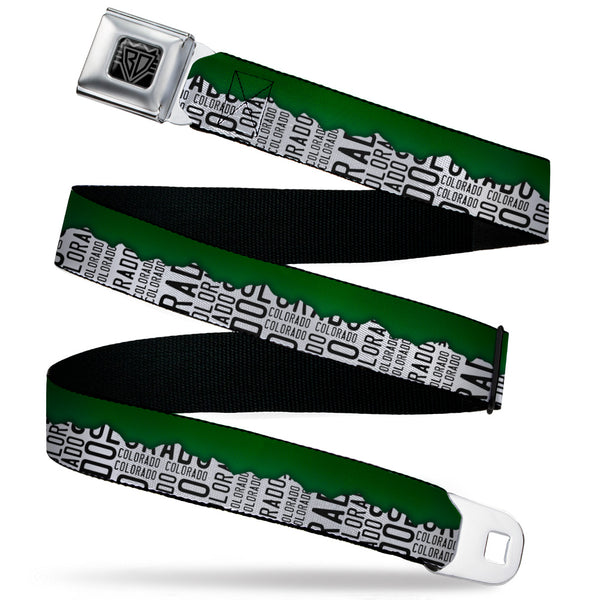 buckle down BD Wings Logo CLOSE-UP Black/Silver Seatbelt Belt - Colorado Mountains Green/White/Black Text Webbing