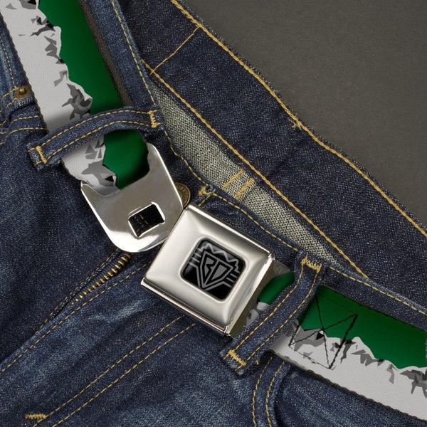 Buckle Down BD Wings Logo CLOSE-UP Black/Silver Seatbelt Belt - Colorado Mountains Green/Grays Webbing