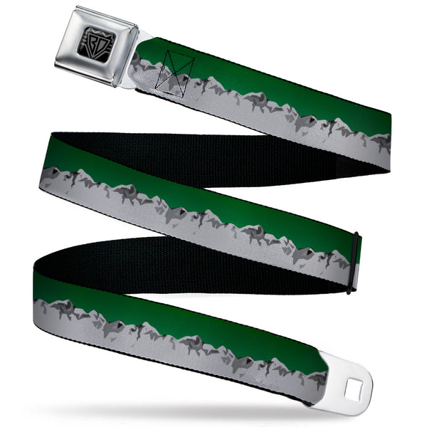 buckle down BD Wings Logo CLOSE-UP Black/Silver Seatbelt Belt - Colorado Mountains Green/Grays Webbing