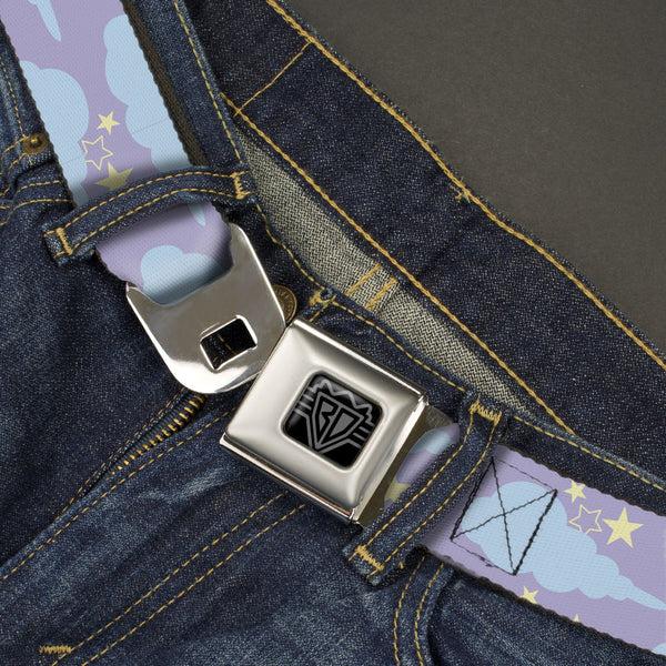 Buckle Down BD Wings Logo CLOSE-UP Black/Silver Seatbelt Belt - Cloudy/Starry Sky Lavender/Blue/Yellow Webbing