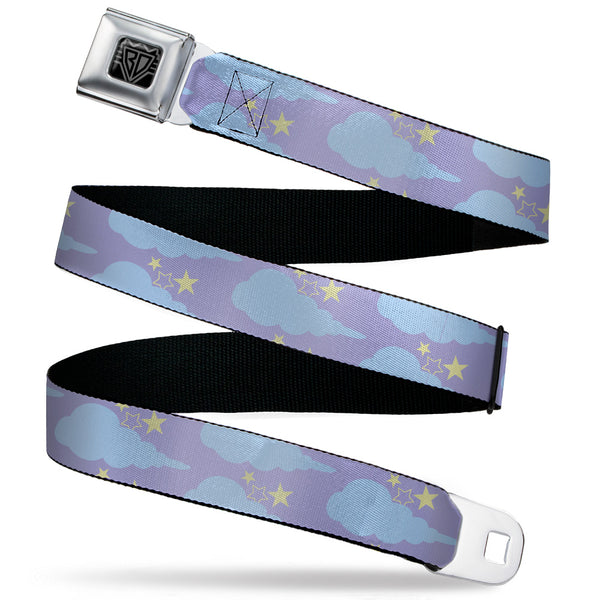 buckle down BD Wings Logo CLOSE-UP Black/Silver Seatbelt Belt - Cloudy/Starry Sky Lavender/Blue/Yellow Webbing