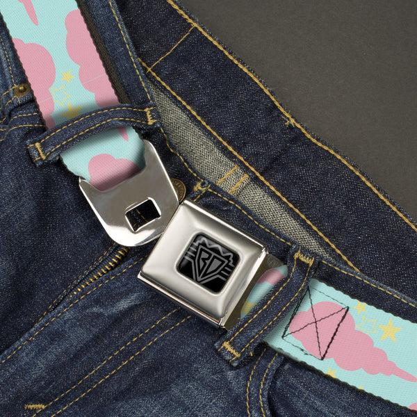 Buckle Down BD Wings Logo CLOSE-UP Black/Silver Seatbelt Belt - Cloudy/Starry Sky Aqua/Pink/Yellow Webbing