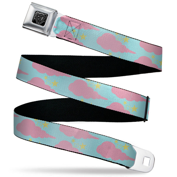 buckle down BD Wings Logo CLOSE-UP Black/Silver Seatbelt Belt - Cloudy/Starry Sky Aqua/Pink/Yellow Webbing