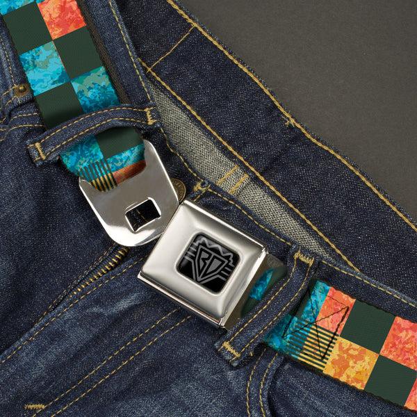 Buckle Down BD Wings Logo CLOSE-UP Black/Silver Seatbelt Belt - Checkers Distressed Multi Color/Black Webbing