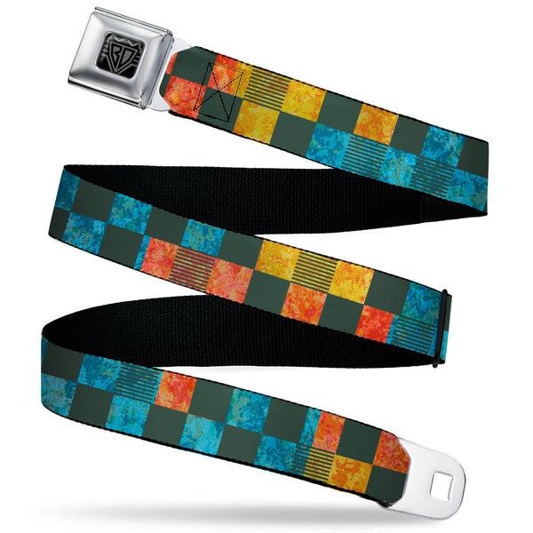 buckle down BD Wings Logo CLOSE-UP Black/Silver Seatbelt Belt - Checkers Distressed Multi Color/Black Webbing